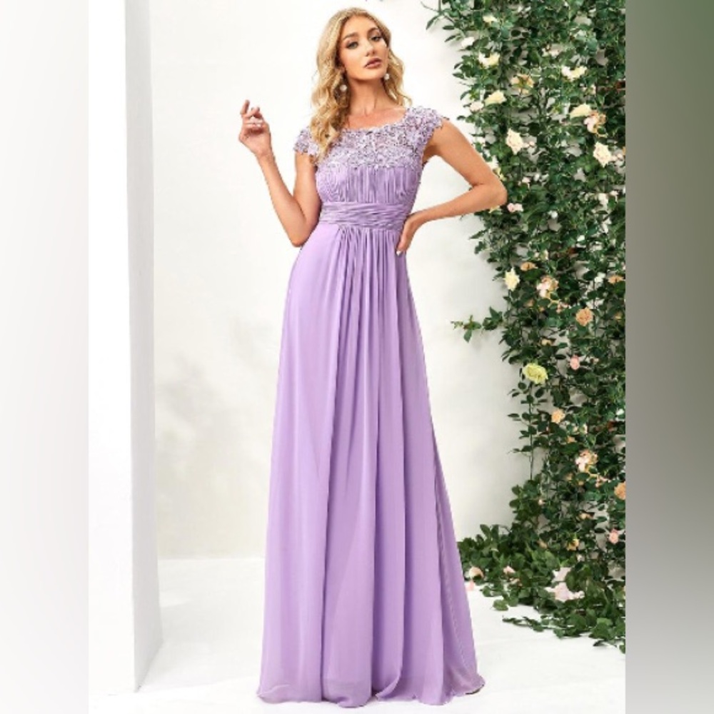 NWT Lavender Maxi Long Lace Cap Sleeve Bridesmaid Dress